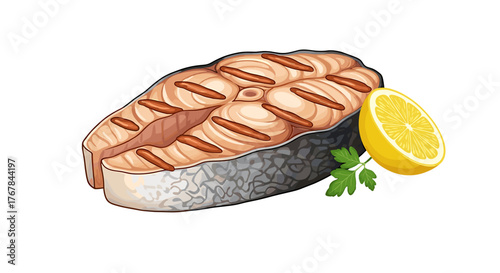 A delicious grilled piece of salmon with visible grill marks, paired with a lemon slice and a sprig of parsley.