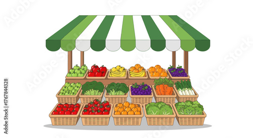 A colorful farmers market stall with a green and white striped awning filled with fresh fruits and vegetables in baskets.