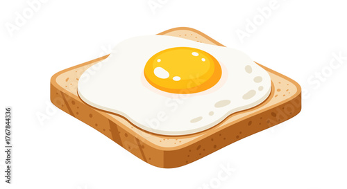 Cartoon style image of a fried egg on a slice of toast. Simple breakfast food art. Good morning with eggs!