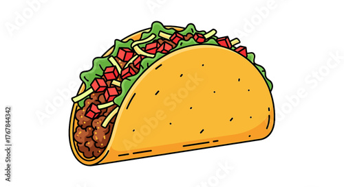 Crispy taco filled with seasoned meat, fresh lettuce and diced tomatoes in a yellow corn shell is a tasty meal.