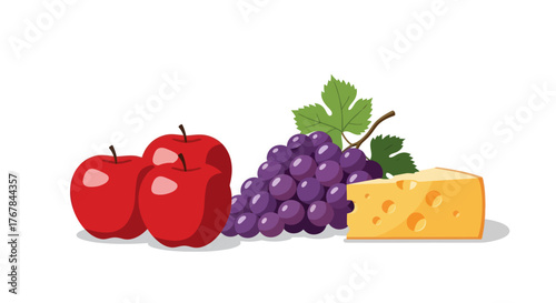 Fresh Red Apples Purple Grapes and Cheese Illustration.