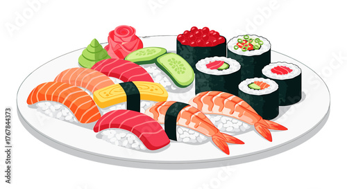 A vibrant assortment of sushi on a white plate, showcasing classic rolls and nigiri with various toppings and flavors.