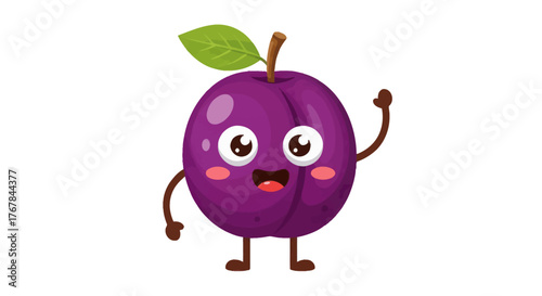 Adorable Cartoon Plum Character Waving Hello with Happy Expression.
