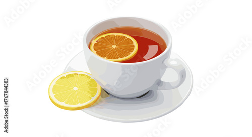 Delightful tea cup with refreshing lemon slices, perfect for a comforting break and a flavorful experience.