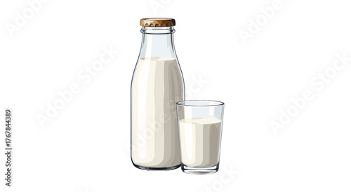 A glass and a bottle are filled with white liquid against a transparent background, promising refreshment and simple goodness.