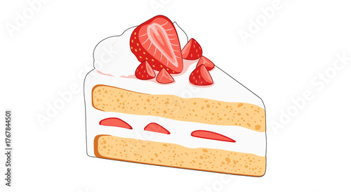 Indulge in a delicious slice of strawberry shortcake, a delightful treat layered with fresh strawberries and whipped cream.