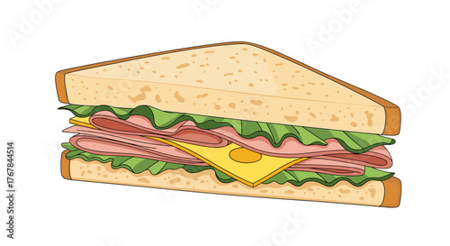 A tasty triangular sandwich with ham, cheese, and lettuce, offering a satisfying and delightful food experience for all.