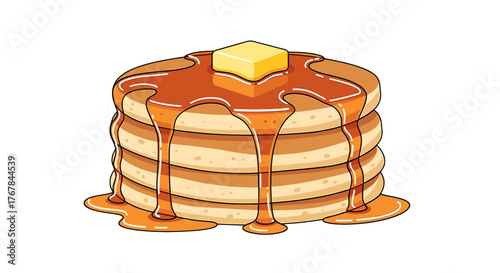 Delightful stack of fluffy pancakes drenched in golden syrup, topped with a melting pat of butter. Sweet treat!