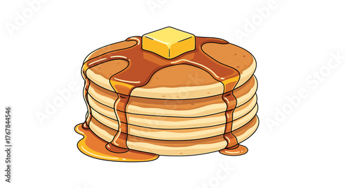 An appetizing stack of golden pancakes with syrup cascading down and a pat of butter melting on top. Breakfast bliss!