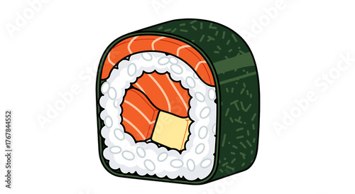 Close-up of a delectable sushi roll with fresh salmon and creamy filling, showcasing a harmony of flavors and textures.