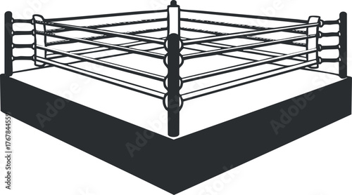 A black and white illustration of a wrestling ring with ropes and corner posts.