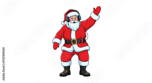 Cheerful Santa Claus wearing headphones and dancing with raised hand.