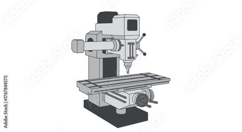 A detailed black and white illustration of a vertical benchtop milling machine for workshop use.