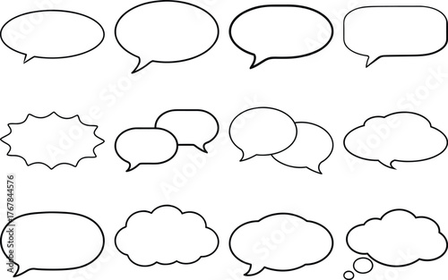Collection of twelve diverse black and white speech bubble outlines on white background talk bubble chat bubble