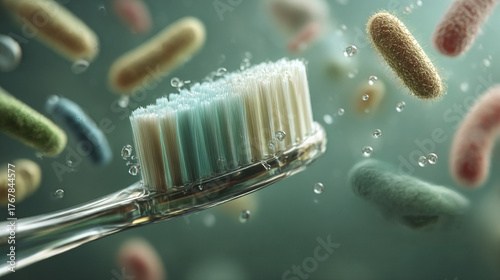 Toothbrush and Microbes. Close-up of a toothbrush with floating microbes