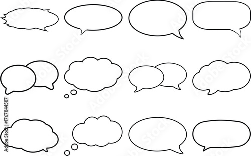Collection of twelve diverse black outline speech and thought bubbles speech bubble comic