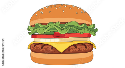 An appetizing hamburger illustration featuring vibrant lettuce, tomato, cheese, and a seasoned patty between buns.