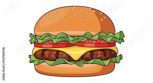 Cartoon hamburger featuring a sesame seed bun, juicy patty, cheese, tomatoes and lettuce on a transparent background.