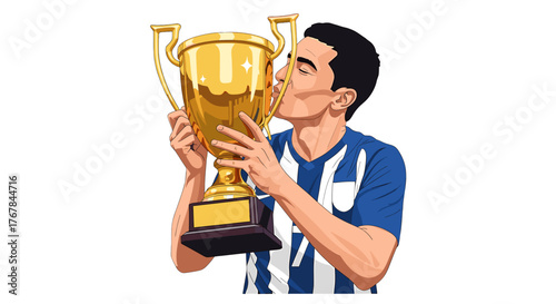 Triumphant moment: A player kisses the gleaming golden trophy, celebrating victory and achievement with passion.