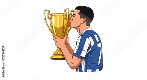 Cartoon illustration: A champion kisses a golden trophy, wearing a blue and white jersey, a symbol of triumph.
