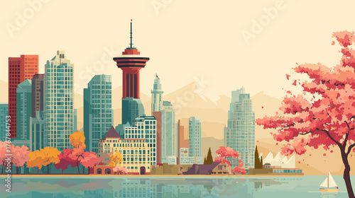 Cityscape of Vancouver, city of Canada, attractive touristic advertisement poster, beautiful touristic must-see destination. Beautiful tourist destination. Big city in Canada. Modern skyscrapers and m