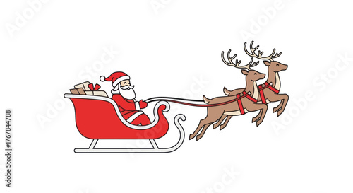 Santa Claus riding a red sleigh pulled by two reindeer carrying gifts.