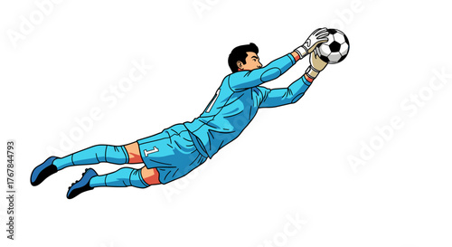 A goalkeeper wearing light blue dives to the left, hands outstretched to save the ball. Focus and determination shine.