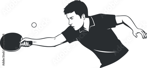 A young male athlete performing a dynamic table tennis shot during a competitive match