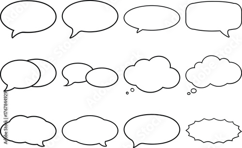 Collection of twelve black outline speech and thought bubbles on white speech bubble comic