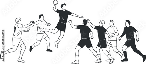 Illustration of a dynamic handball game featuring players in action during a competitive match.