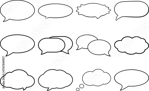 Collection of twelve black outline speech and thought bubbles on white background speech bubble chat bubble