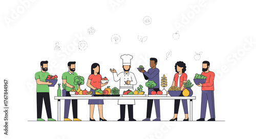 Group of diverse people cooking together with a chef preparing fresh vegetables and ingredients.