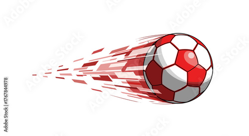 Dynamic motion graphic of a red and white soccer ball speeding across the screen with streaks indicating velocity.