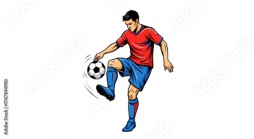 Dynamic soccer player juggling the ball with skill and focus, showcasing athletic prowess and control in the game.