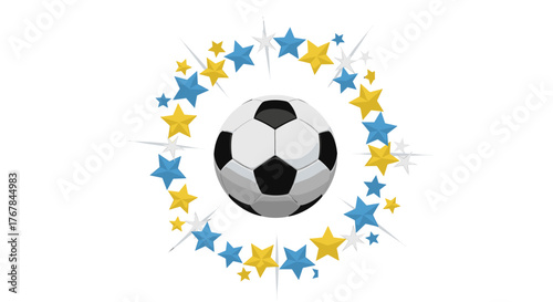A classic soccer ball is encircled by twinkling gold and blue stars, exuding a festive, celebratory atmosphere.