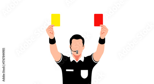 A cartoon referee wearing a black uniform, holds up a yellow card and a red card, indicating penalties or warnings.
