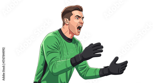 A goalkeeper in green jersey, gloves, mouth open, gestures, likely vocalizes directions or in protest of on-field call.