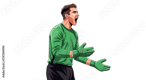 A soccer goalie is seen shouting with enthusiasm on the field, wearing a green jersey and goalie gloves, against transparent background.