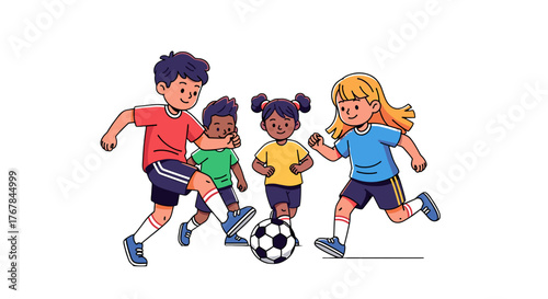 Energetic kids play soccer, displaying sportsmanship and teamwork as they practice skills together for fun enjoyment.