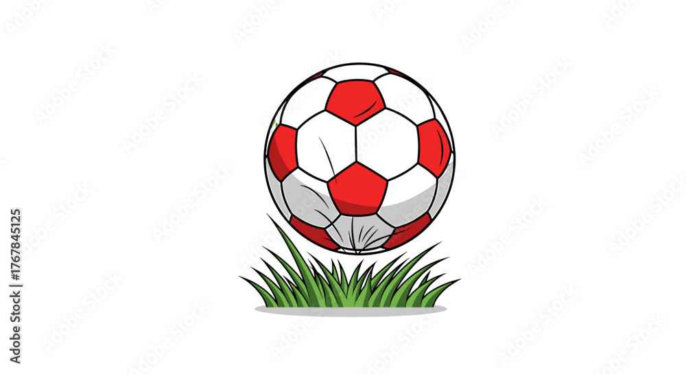 Obraz premium Illustration of a red and white soccer ball sitting on a patch of grass against a stark transparent background.