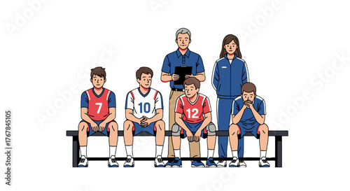 Volleyball team sitting on the bench, featuring players and coaches, capturing team spirit in a moment of reflection.