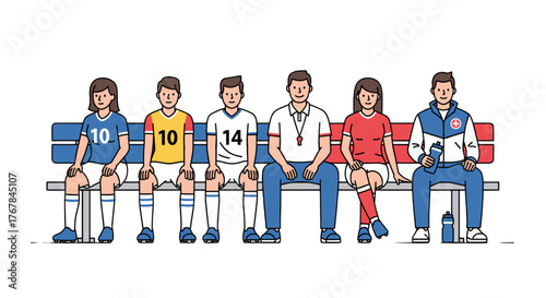 A diverse soccer team and coach sit on the bench, united in their anticipation for the next play and eager to win.
