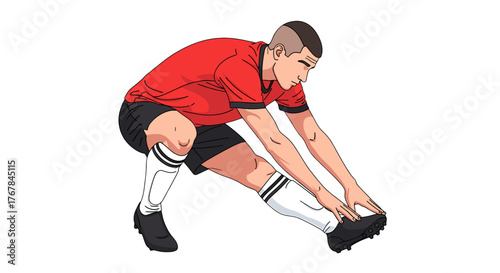 The athlete, wearing a red shirt, stretches his right leg and touches his toes as part of his training routine.