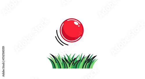 A vibrant red ball bounces above a patch of lush green grass against a solid transparent background, creating contrast.