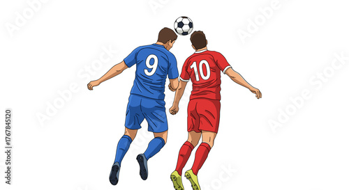 Two soccer players, one in blue and one in red, leap for the ball, demonstrating athleticism and competition.