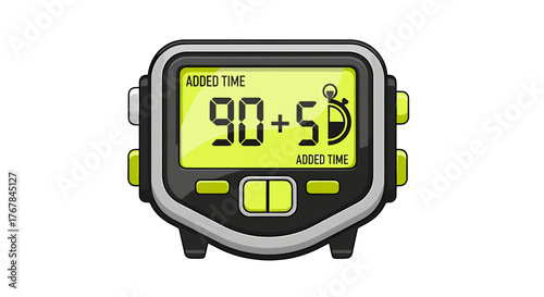 The digital timer displays 90+5 of added time in yellow against a black and gray casing, showing elapsed period.