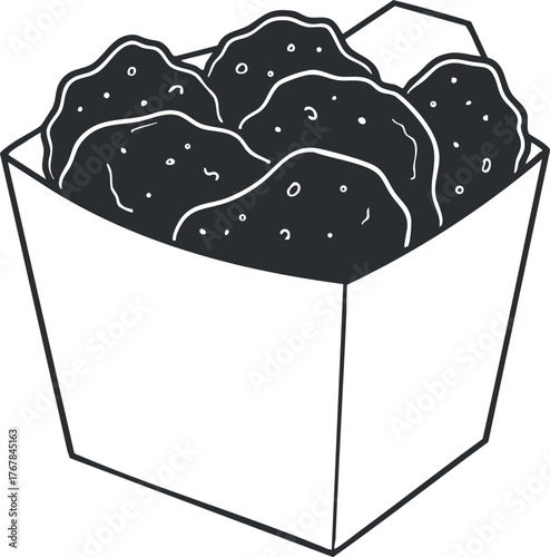 Illustration of a box filled with crispy chicken nuggets, a popular fast food snack.