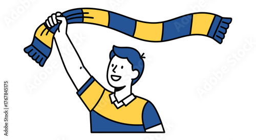 Enthusiastic fan cheering with a yellow and blue scarf. A supporter celebrating victory and showing his team spirit.