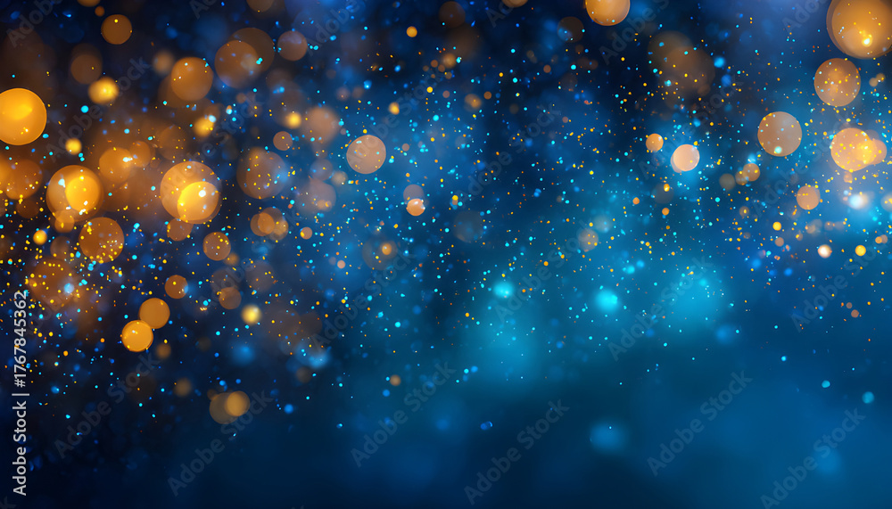 Obraz premium Abstract blurred bokeh of holiday lights over dark blue background.