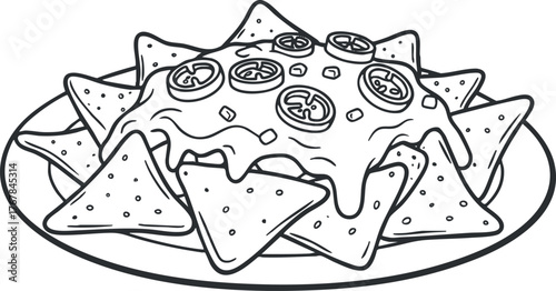 A plate of nachos topped with melted cheese and various toppings, perfect for sharing.